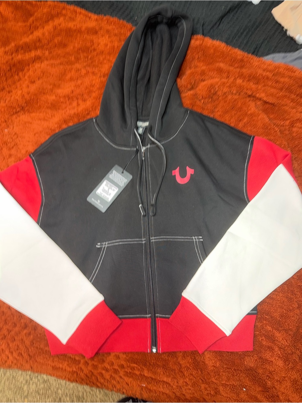 True Religion Black, Red & White Colorblock Zip Hoodie